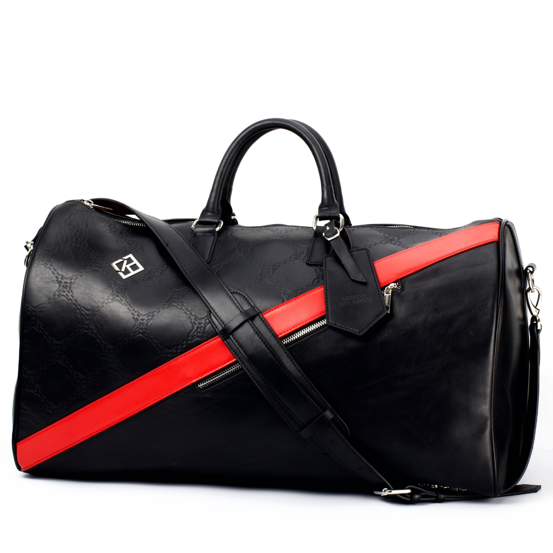 black and red duffle bag